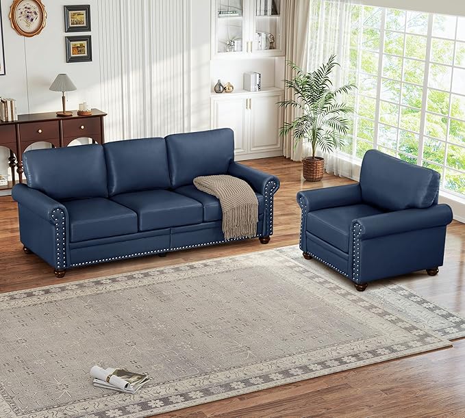 Antetek 2-Piece Comfy Upholstered Faux Leather Sofa Couch Set Mid-Century Modern Single Sofa Chair(1 Unit) + 3 Seater Couch(1 Unit) with Storage Space for Living Room Furniture Set Navy Blue