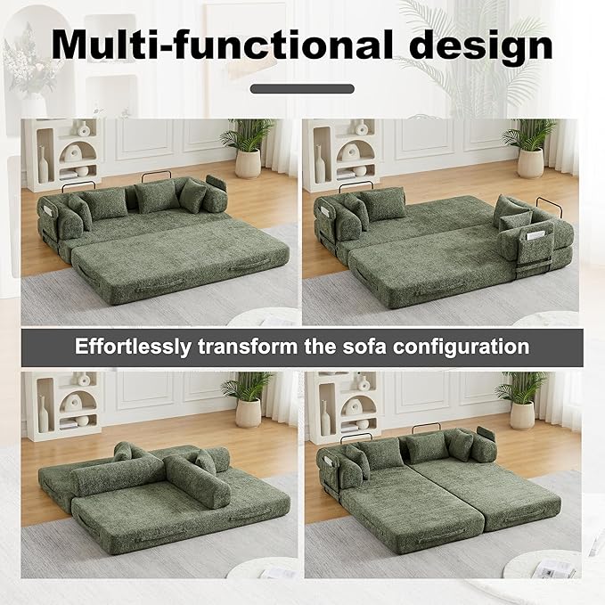 78.7 Chenille 4-in-1 Folding Convertible Sofa Bed Boneless Couches with 4 Pillows &amp Convenient Side Pockets Comfy Foldable Compressed Sofa in Box Floor Sofa Lounge Couch for Living Room(Green)