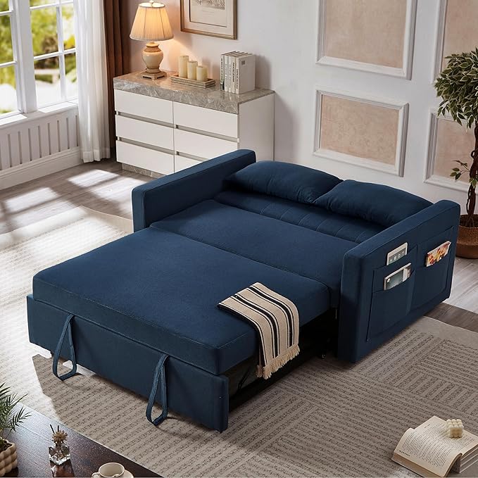 55.5 Fabric Convertible Sofa Bed Pull Out Sleeper Sofa Bed Loveseat Couch with Side Pocket 3 in 1 Convertible Sleeper Sofa Bed for Living Room Apartment Bedroom RV Navy Blue