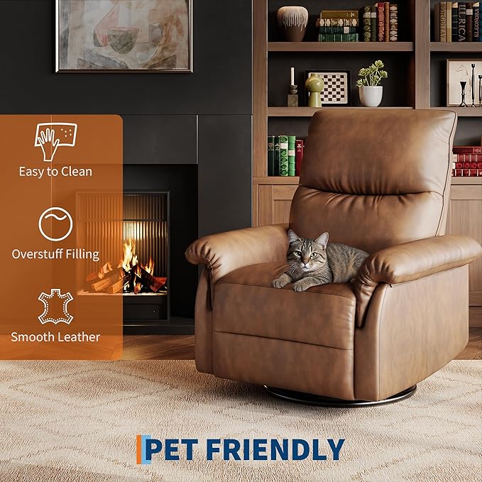 IDEALHOUSE Manual Recliner Chair 360° Swivel Rocker Glider Recliner with Padded Armrests Modern PU Leather Upholstered Reclining Chair for Living Room Bedroom and Nursery (Orange)