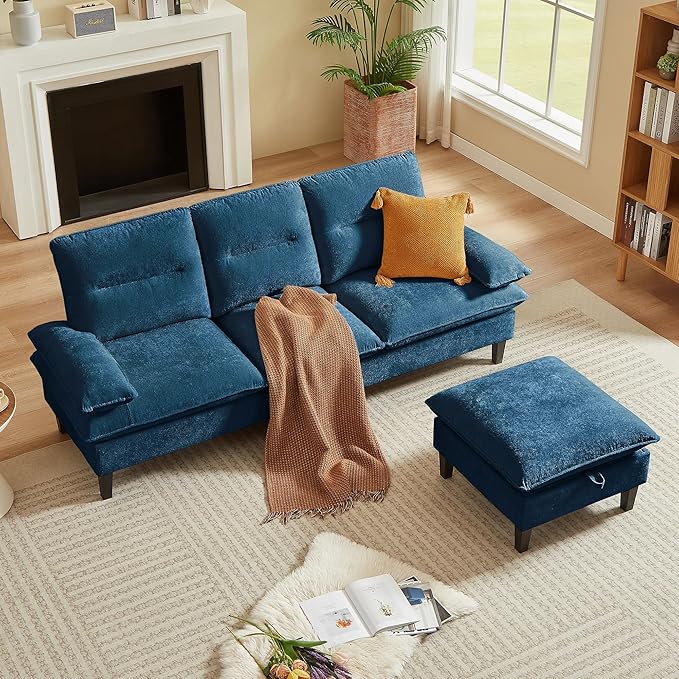 86'' Chenille Sofa with Storage Ottoman Modern Living Room Sofa with Removable Washable Cushion 3 Seater Comfy Couch for Apartment Bedroom Office (Blue)