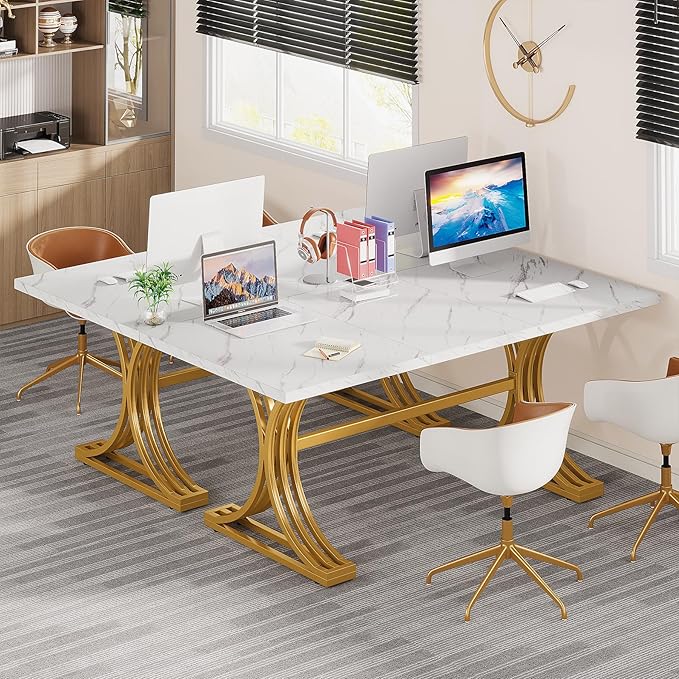 Tribesigns 63-Inch Large Office Desk Modern Rectangular Executive Desk with Stylish Gold Legs Wood Faux Marble Table Business Furniture for Home Office White and Gold
