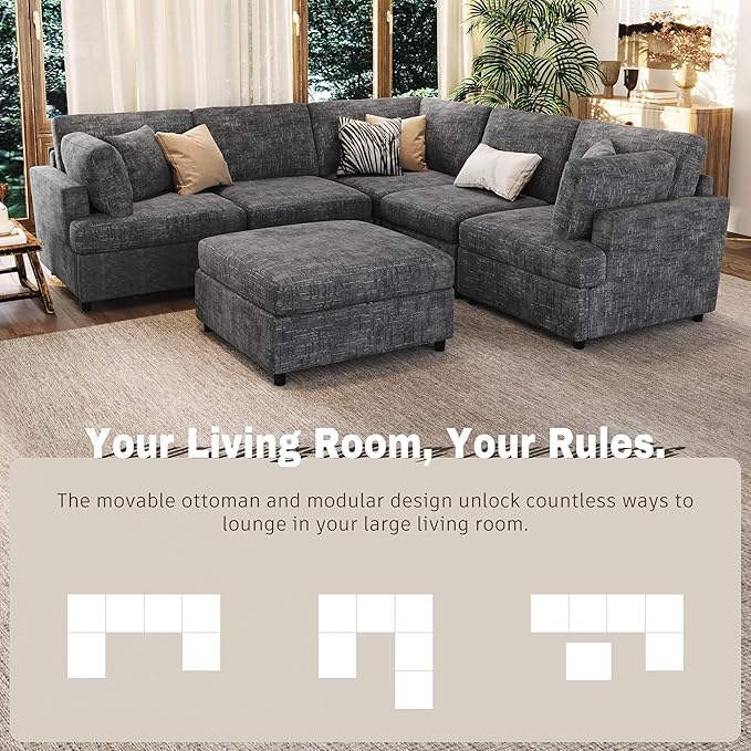 Modern Large Modular Sectional Couch U-Shape Sectional Sofa with Removable Ottoman Polyester Sofa 6-Seater Couch with Solid Wood Legs for Living Room (Gray-29J)