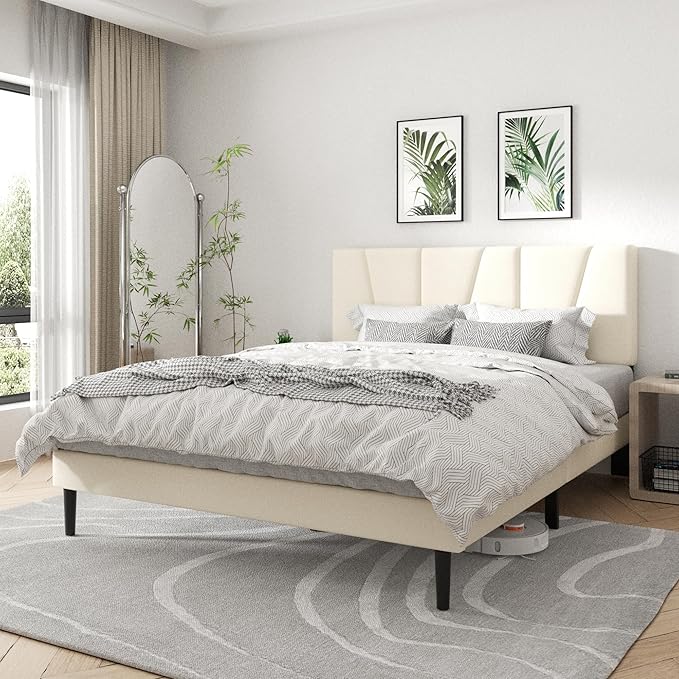 Queen Size Platform Bed Frame with Geometric Upholstered Headboard Noise Free Wooden Slats Support No Box Spring Needed Easy Assembly Beige Velvet