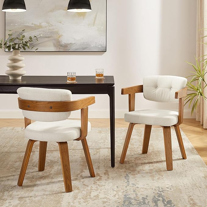 Art Leon Modern Dining Chairs - Set of 2 Mid Century Dining Chairs Fabric Upholstered Swivel Chairs Comfy Desk Chair No Wheels Accent Arm Chair for Kitchen Living Room Study Off White/Walnut