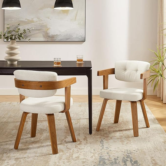 Art Leon Modern Dining Chairs - Set of 2 Mid Century Dining Chairs Fabric Upholstered Swivel Chairs Comfy Desk Chair No Wheels Accent Arm Chair for Kitchen Living Room Study Off White/Walnut