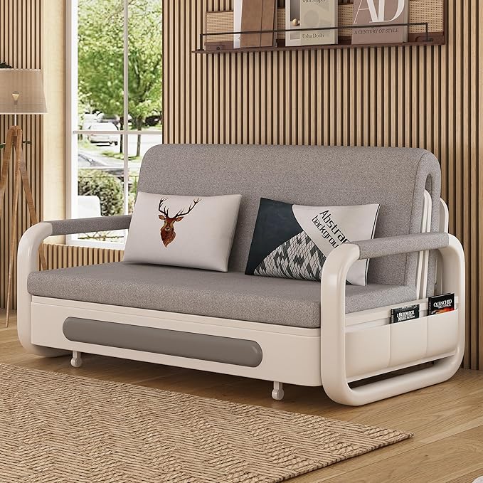 Pull-Out Sofa Daybed with Trundle Versatile Futon Couch with Sleeping Function and Storage Space Sofa Bed for Small Rooms and Living Rooms Dark Grey and White (62.2)