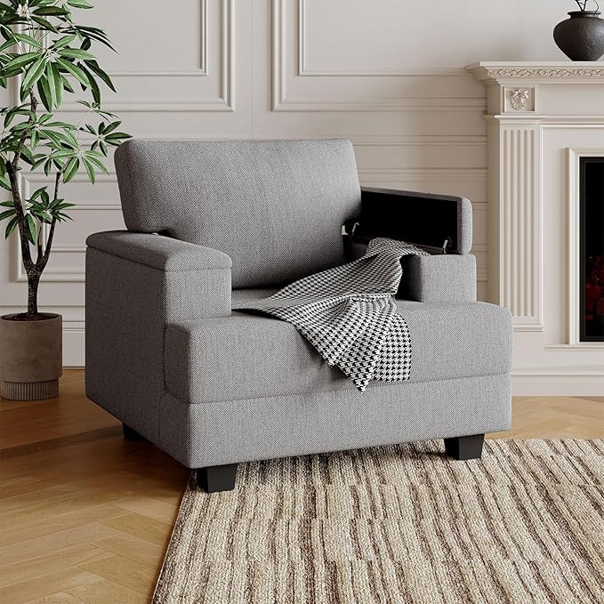 Oversized Accent Chair with Storage ArmrestComfy Living Room Chairs with 7.8'' CushionUpholstered Linen ArmchairReading Accent Chairs For Bedroom Living RoomSingle Sofa ChairDark Gray