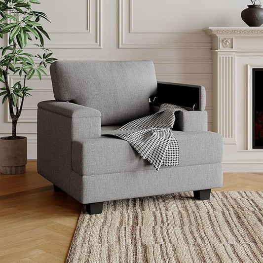 Oversized Accent Chair with Storage ArmrestComfy Living Room Chairs with 7.8'' CushionUpholstered Linen ArmchairReading Accent Chairs For Bedroom Living RoomSingle Sofa ChairDark Gray