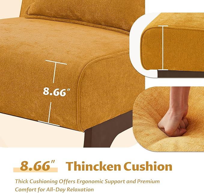 Set of 2 Upholstered Armless Accent ChairModern Comfy Living Room Chairs with Wooden Legs&amp PillowsLounge Sofa Side Chair for Bedroom Farmhouse Reading (Yellow 2 PCS)