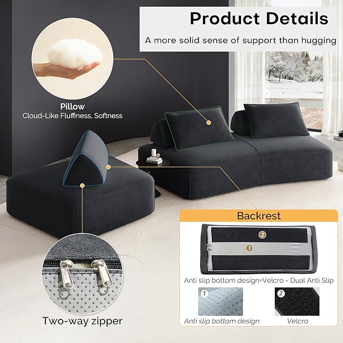 139 Modern Curved Sofa Cloud Sectional Couch with Adjustable Backrest Oversized Deep Seat Compressed Couch for Living Room Apartment No Assembly Required Chenille Fabric (Dark Grey)