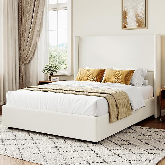 Queen Bed Frame Upholstered Platform Bed with 55.5 Tall Wingback Headboard Solid Wooden Slats Noise-Free Mattress Foundation No Box Spring Needed Easy Assembly Beige