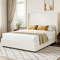 Queen Bed Frame Upholstered Platform Bed with 55.5 Tall Wingback Headboard Solid Wooden Slats Noise-Free Mattress Foundation No Box Spring Needed Easy Assembly Beige
