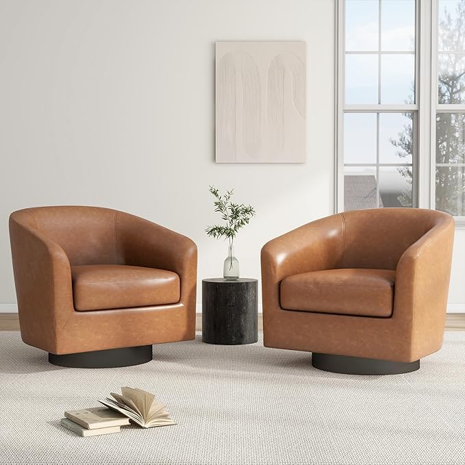Swivel Barrel Chair Modern Round PU Leather Accent Armchair for Living Room Bedroom Oversized Comfy Club Reading Chairs for Adults (Leather Brown Set of 1)