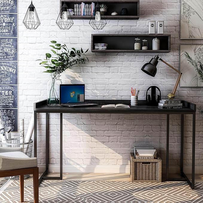 HOMES: Inside + Out Hermosa Industrial Geometric Base 59 in. Computer Desk with USB Ports and Outlet for Home Office Study Room Black