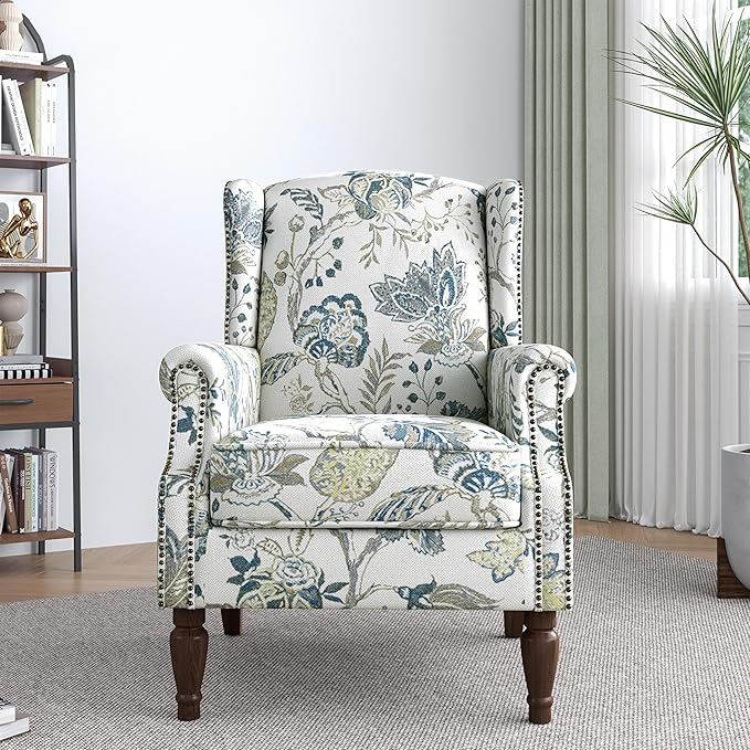 Lumibee High Back Accent Chair Set of 2 Armchair in FabricComfy Upholstered Wingback Single Sofa Reading Chairs with Solid Wood Legs for Living RoomBedroomOffice-Plants Blue