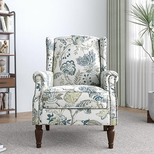 Lumibee High Back Accent Chair Set of 2 Armchair in FabricComfy Upholstered Wingback Single Sofa Reading Chairs with Solid Wood Legs for Living RoomBedroomOffice-Plants Blue