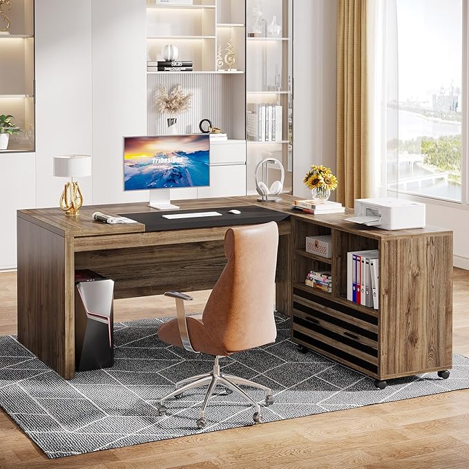 Tribesigns 62.2 Executive Desk with Mobile File Cabinet L-Shaped Office Desk with Storage Shelves Large Computer Desk Business Workstation Set for Home Office Light Brown