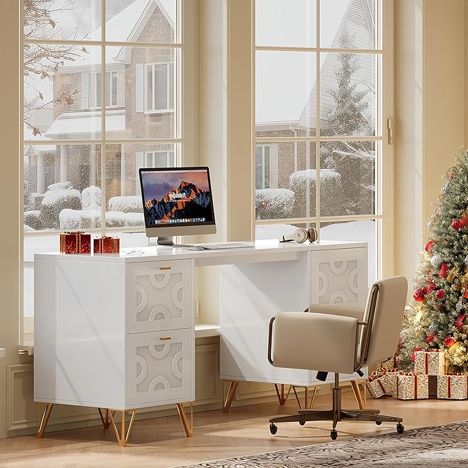Tribesigns White and Gold Computer Desk 59'' Modern Writing Table with File Drawers Luxury Home Office Executive Desk with Gold Metal Legs for Work or Vanity Use