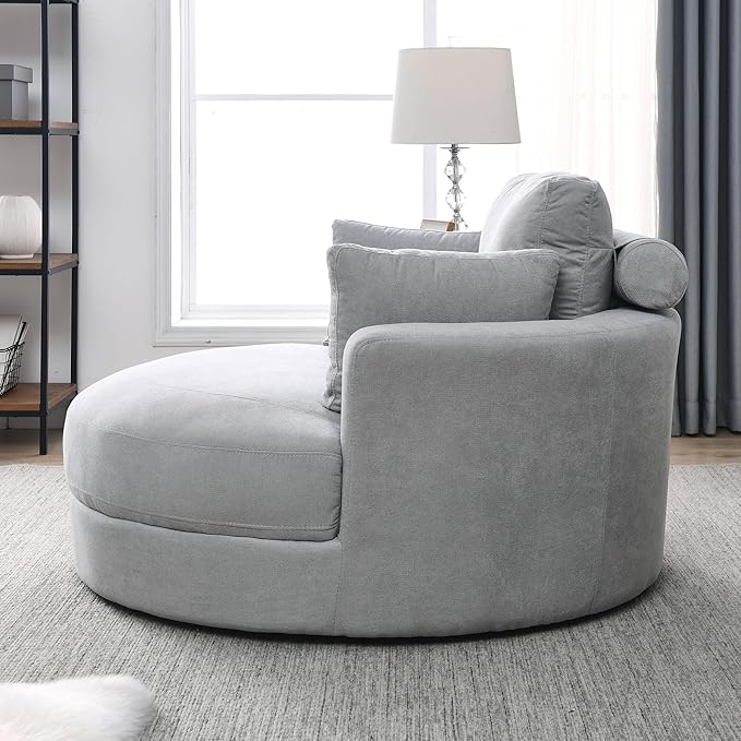 Oversized Swivel Accent Round Chair Modern Upholstered Sofa with Pillows Cozy Leisure Chair for Living Room Bedroom Home Office Club (Linen Light Gray)