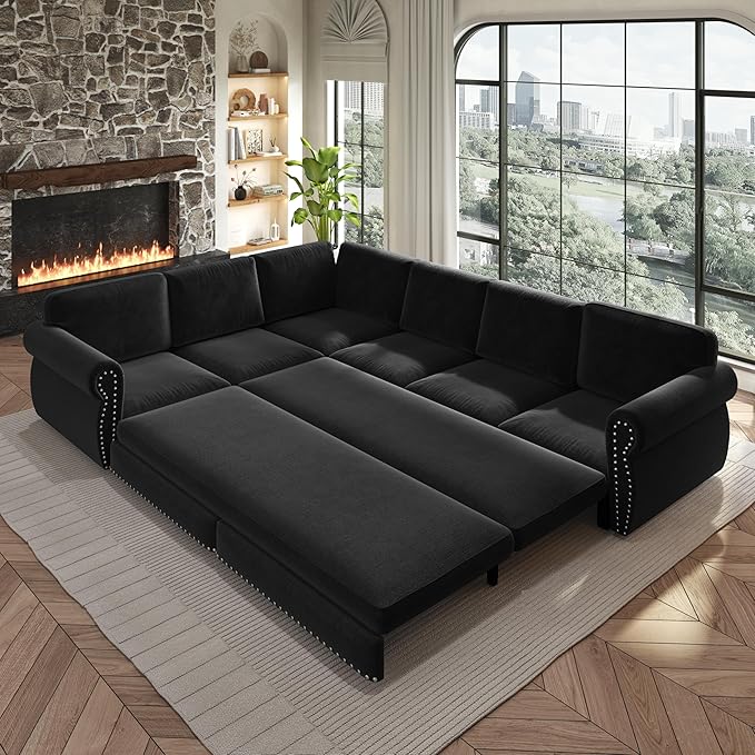 118 Sleeper Sofa Bed Sectional Couches for Living Room/Apartment Chenille L Shaped Couch with Pull Out Couch Bed Convertible Sectional Sofa with Rolled Arm &amp Nailhead Trim Black