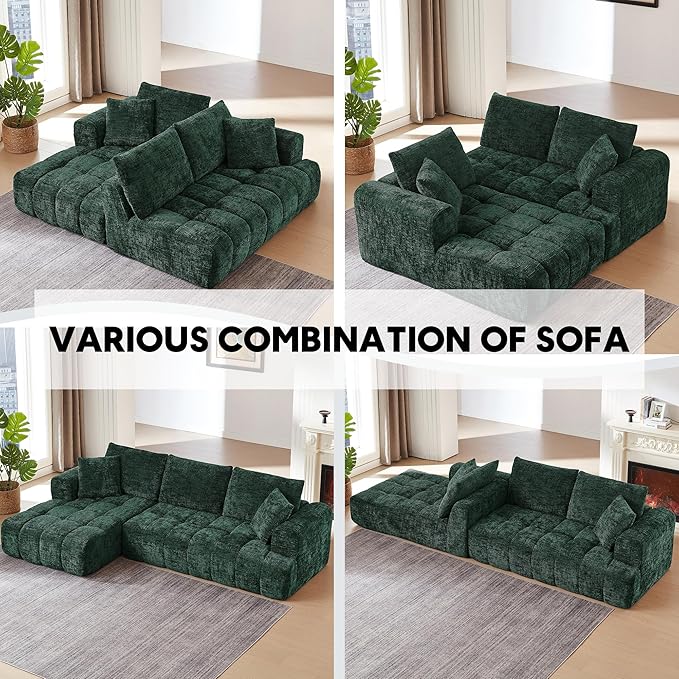 108” Modular L-Shaped Sectional Sofa Couch with Deep Seat Compressed Chenille Boneless Cloud Couch with Tufting for Living Room No Assembly Required (Dark Green Left Facing Chaise)