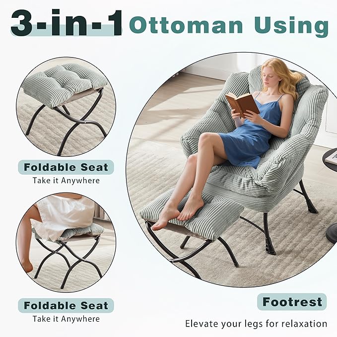 QQU Lazy Lounge Chair with Ottoman Plush Reading Armchair with Footrest &amp Side Pocket Indoor Accent Chair and Ottoman Set for Living Rooms Bedrooms Small Spaces Dorms Apartments Light Green