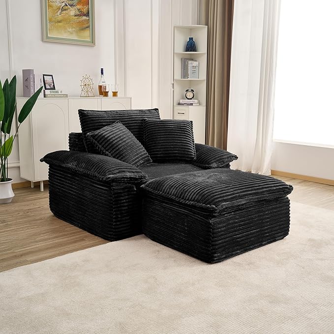 Boneless Sofa with Removable OttomanUpholstered Sofa Bed with PillowsPlush Faux Fur Lounge Reading Chairs with ArmrestsCloud Couches for Living RoomNo Assembly Required (Black Single seat) | No A
