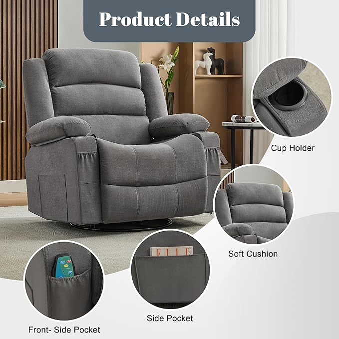 Oversized Recliner Chair with Heat and Massage 360° Swivel Chairs for Adults Nursery Rocking Recliner Single Sofa Seat with Cup Holders Lazy Boy Recliner Single Sofa (Oversized Manual Grey)