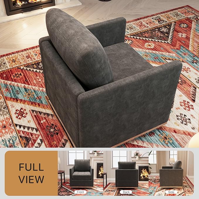 Chenille Swivel Chair 30.7 W Modern Accent Upholstered Chair Single Sofa Armchair for Office Living Room Bedroom Dark Grey.