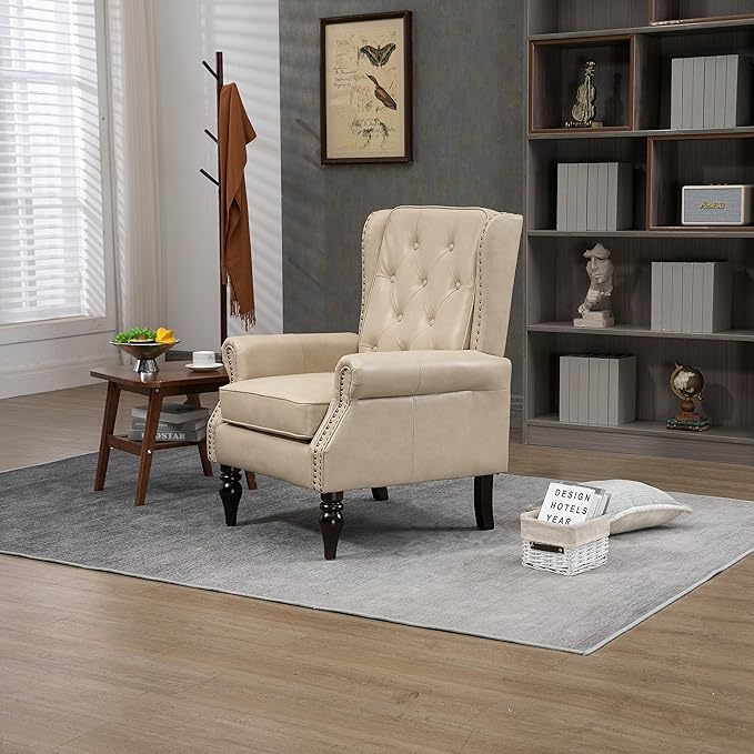Modern Living Room Armchair Mid Century Accent Chair with Rolled Arms and Tufted BackUpholstered PU Leather Sofa Leisure Chair for Living Room/Bedroom/Office/Club