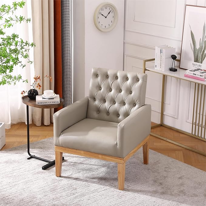 Generic PU Leather Accent Chair Upholstered Lounge Single Sofa Armchair Comfortable Armchair with Wooden Legs in Log Color Modern Button Reading Chair for Bedroom Living Room Off White