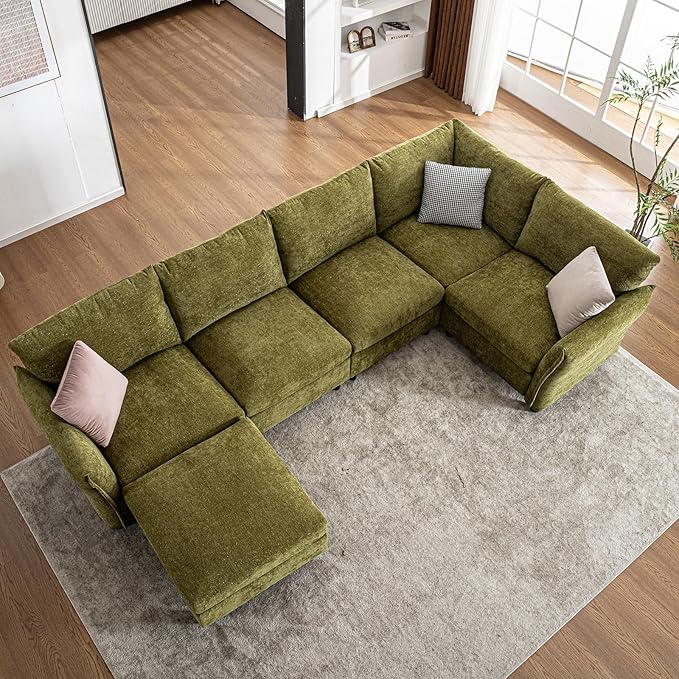 124.4 U Shaped Sectional Couches with Storage Ottoman 6 Seater Chenille Upholstered Modular Sectional Sofa Cloud Couch Sectional Sectional Couches for Living Room Bedroom &amp Apartment (Green)