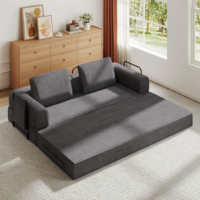 Convertible Sleeper Sofa Bed 3-Seat Corduroy Futon Couch with Cylindrical Pillow Foldable Mattress for Living Room &amp Bedroom 79 Inch Multi-Functional Sofa (Dark Gray)