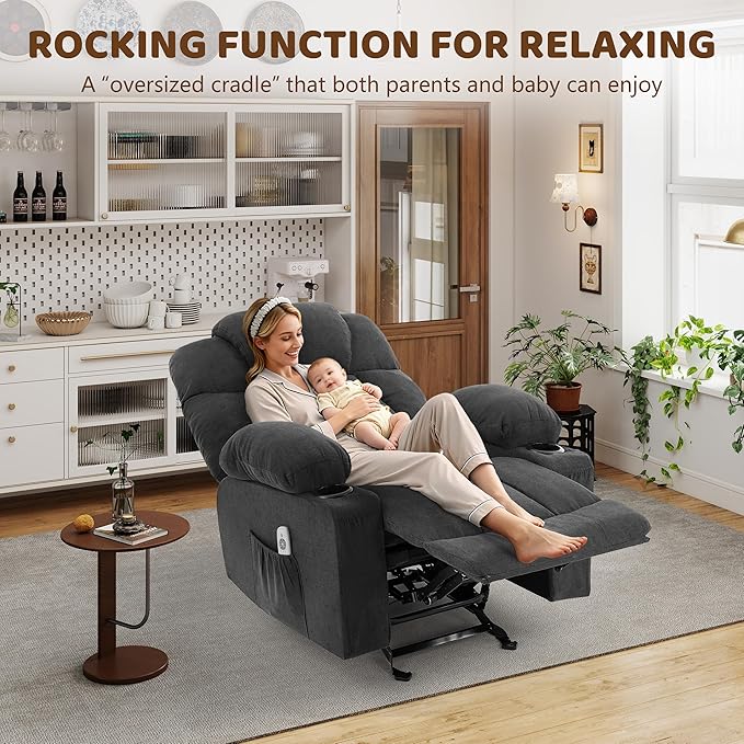 Massage Rocker Recliner Chair Ergonomic Rocking Recliner Sofa with Vibration Massage &amp Heat Reclining Fabric Nursery Chair for Living Room Lounge with 4 Pockets 2 Cup Holders Black