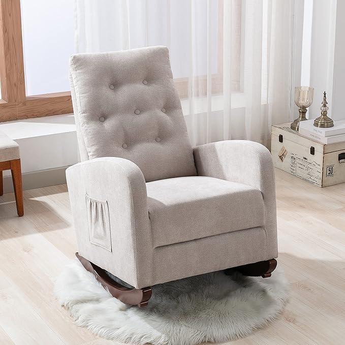Cozy Linen Reclining Rocking Chair with Side Storage Pocket Comfortable Button Tufted Rocker Elegant and Functional Rocking Recliner Chair Ideal for Living Room &amp Nursery Grey