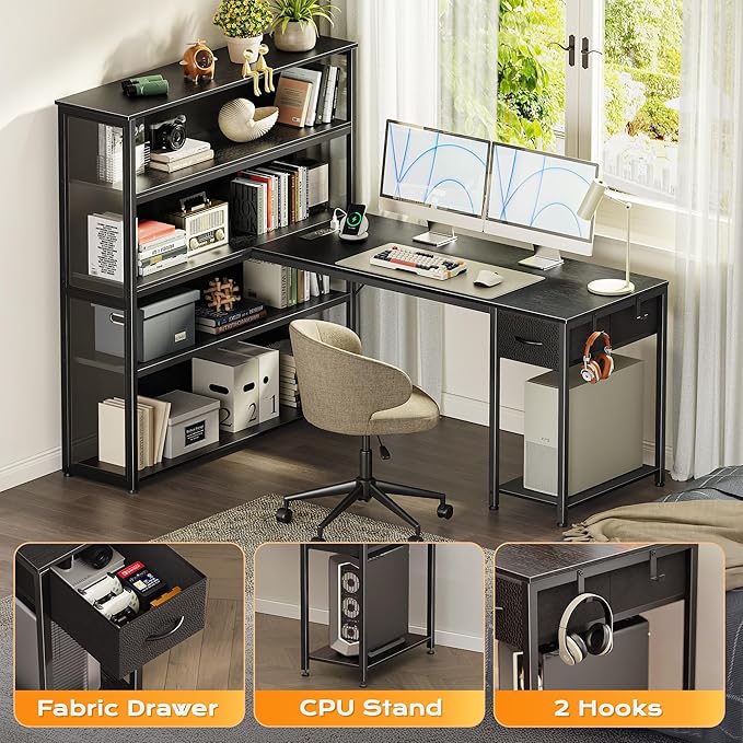 PRAISUN 57 Inch L Shaped Gaming Computer Desk with Larger Open Cabinet Reverisble Office Desk with Power Outlets LED Lights Work Desk Fabric Drawer Adjustable Wood and Mesh Shelf Black
