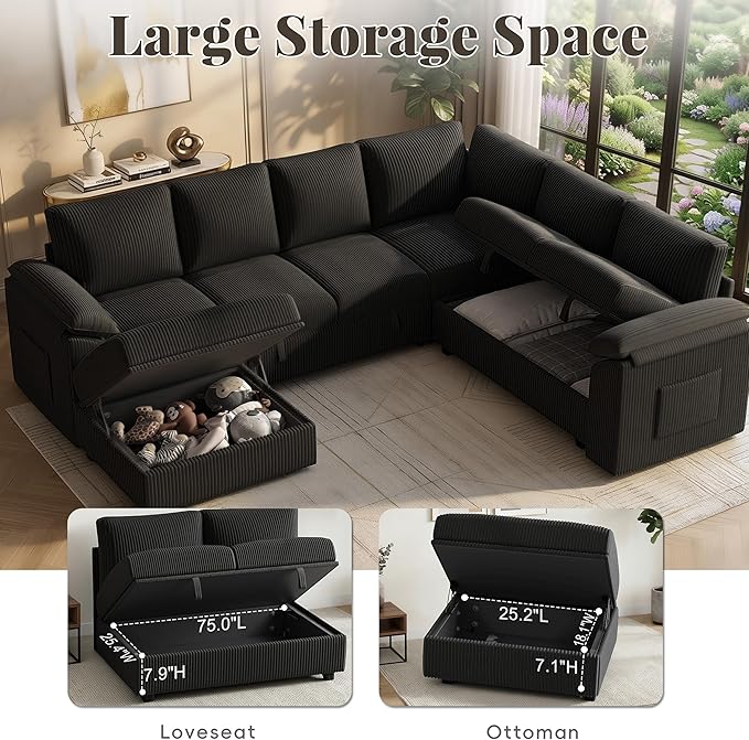 108 Inch Sectional Sleeper Sofa Bed with Pull Out Couch U Shaped 7 Seat Cloud Modular Sectional Sofa with Storage Corduroy Sectional Couches for Living Room Removable Sofa Cover Black