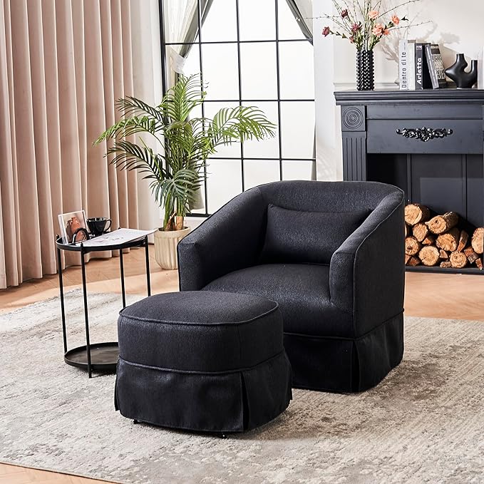360-Degree Swivel Barrel Chair with OttomanModern Accent ChairComfortable ArmchairsReading Chairs for Living RoomOfficeReception AreaBlack