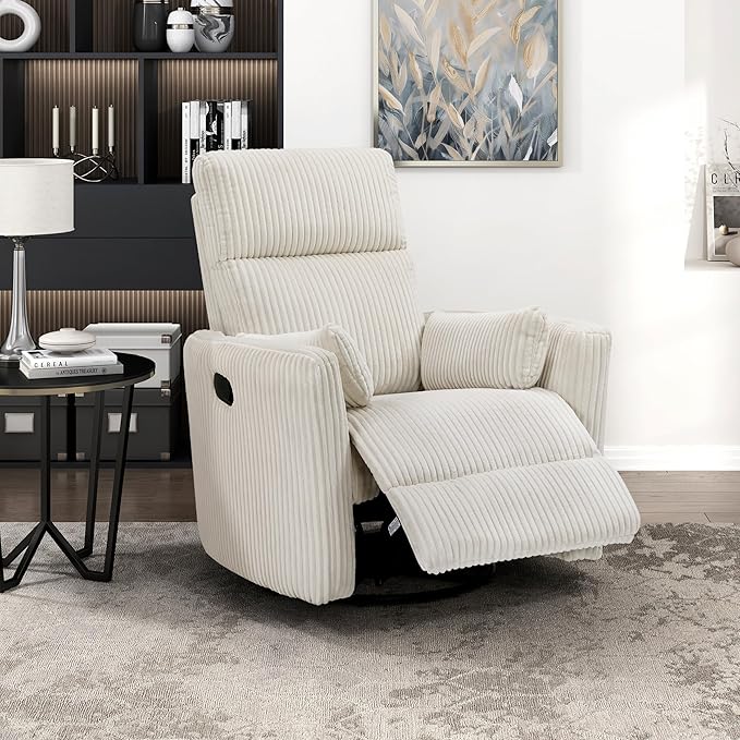 Lexicon Modern Swivel Glider Recliner Chair Nursery Glider Corduroy Fabric Upholstery Recliner with 2 Lumbar Pillows Manual Reclining Sofa Chair for Living Room/Office/Apartment Beige
