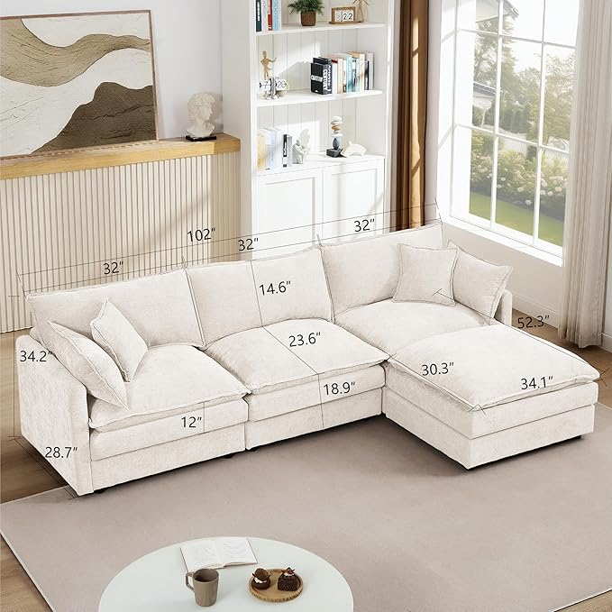102 Cloud Sectional Couch Modular L Shaped Sofa with Movable Ottoman Comfy Chenille Deep Seat Sofa with Throw Pillows 3-Seater Cloud Couches for Living Room Apartment