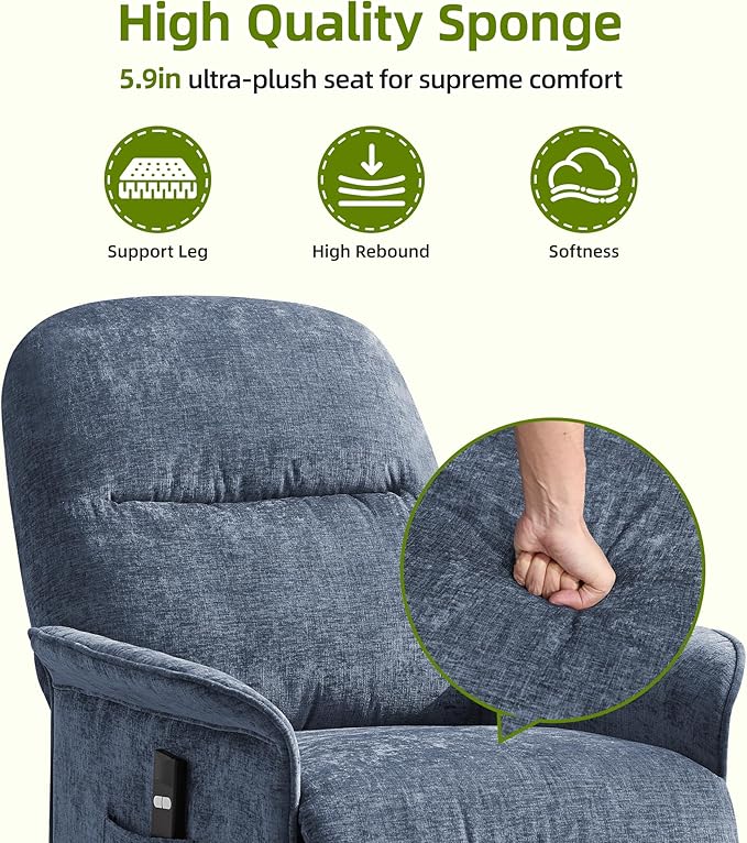Power Recliner Chair with Remote Control 21 Wide Seat Small Recliners with Side Pocket for Adults Thick Cushions Chair for Living Room &amp Bedroom Blue