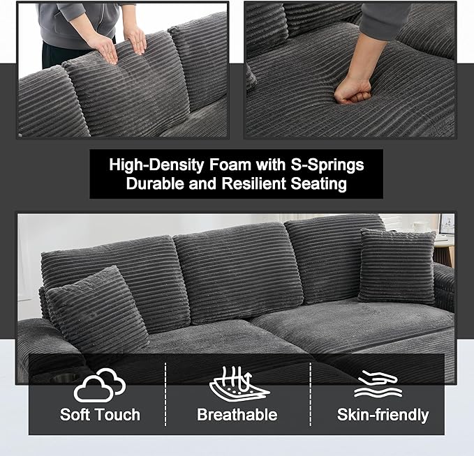 86.6 Sectional Sofa Couch with 2 Ottomans Comfy Corduroy Upholstered Cloud Modular Convertible Couch with Cup Holders and USB Armrest Storage Deep Seat Oversized Loveseat for Living Room (Gray)