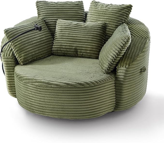 360° Swivel Accent Chair with 5 Throw Pillows Adjustable Phone Holder Corduroy Fabric Round Sofa Chair Barrel Chair with Semi-Wraparound Design for Living Room Office and Hotel (Green1)