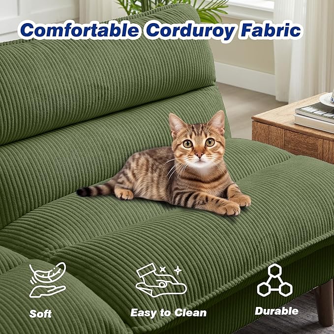 72 Futon Sofa Bed Convertible Futon Couch with Adjustable Backrest Modern Corduroy Sleeper Sofa for Small Spaces Living Room Office Green