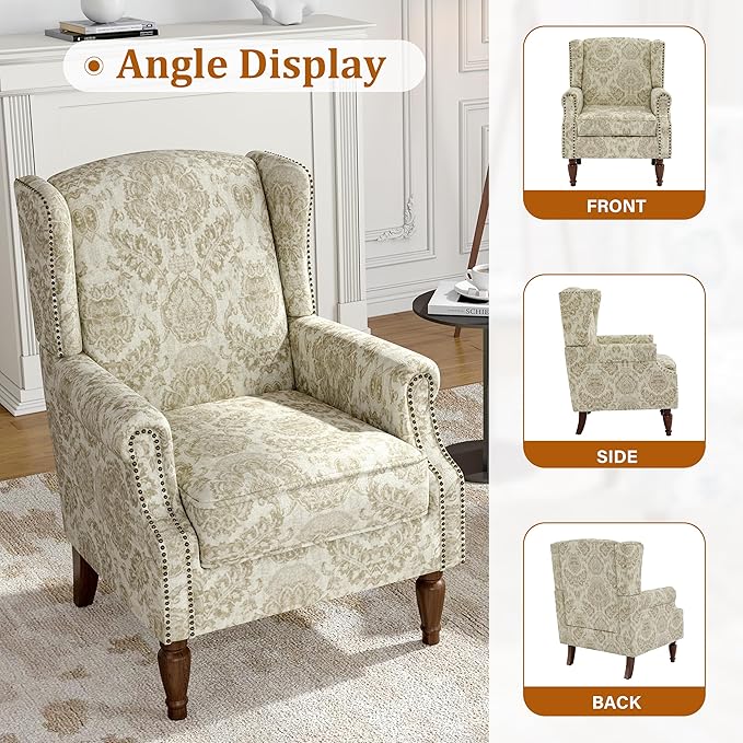 Wingback Accent Chairs Set of 2 High Back Upholstered Armchair Printed Fabric Wingback Arms Chairs with Wood Legs Single Sofa Reading Chair for Bedroom Living Room White