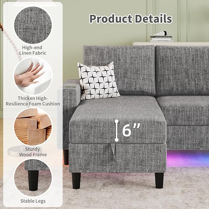 Sectional Couches for Living Room 6-Seats Soft Linen Fabric Sectional Sofa with Storage Ottoman Modern Convertible U/L Shaped Couch with Smart Charging Module/LED Light/Music Sync (Light Grey)