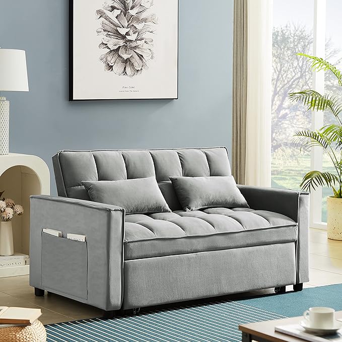 Antetek Convertible Sleeper Sofa Bed 3 in 1 Velvet Loveseat Futon Sofa Couch with Pullout Bed Grey 54