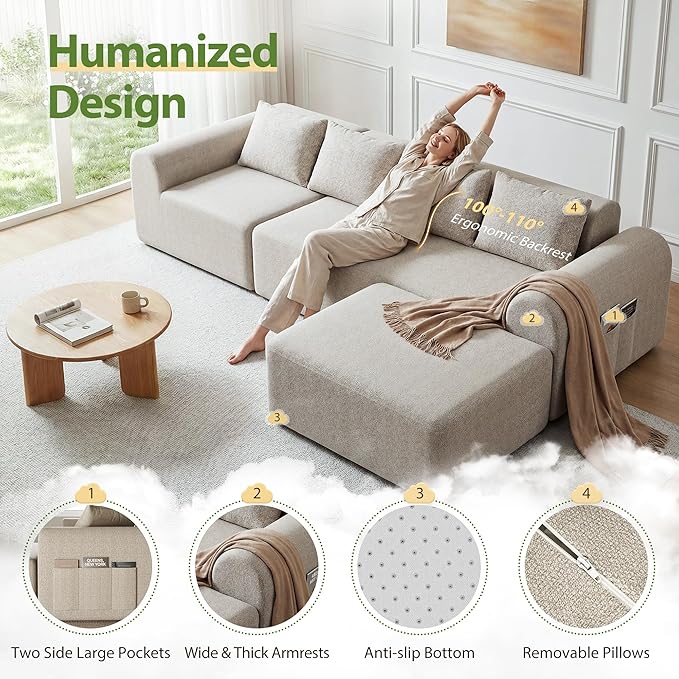 105.5 Modular Sofa Modern Boneless Sectional Sofa with Footstool No Assembly Required Extra-deep Chenille Fabric Seat L-Shaped Chaise Lounge Sofa Suitable for Living Room(Beige)