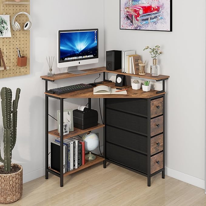 Corner Desk with Drawers Shelves for Small Space 90 Degrees Triangle Computer Desk with Power OutletsGaming Desk with LED Lights Monitor Stand for Home Office Workstation Writing Table (Brown)